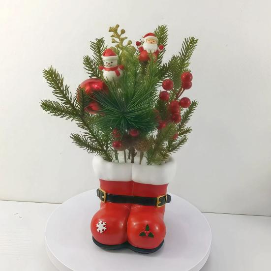 Jultomtens Stövlar Planter Röd och Vit Harts Jultomtens Stövlar Blomkruka med Spänne och Snöflingeaccenter Jul Bordsdekoration för Spiselhylla