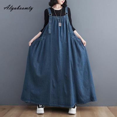 Korean Style Spring Autumn Women Oversized Denim Sundress Straps Baggy Loose Vintage Plus Size Tank Dress With Pockets