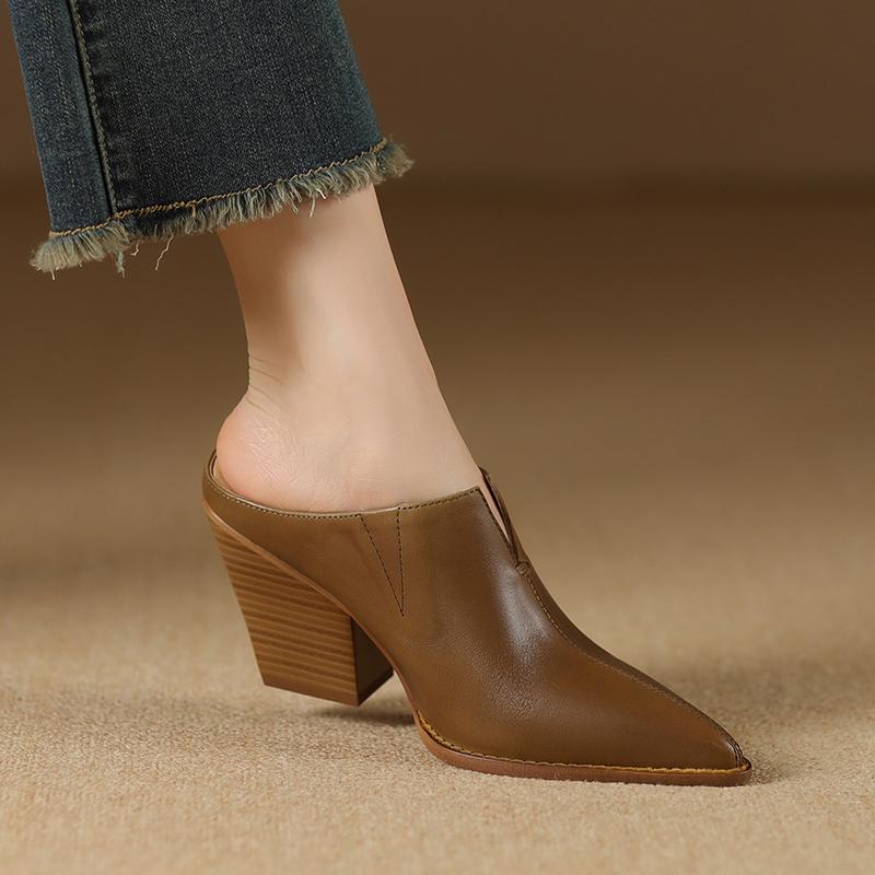 Fashion 2025 Mueller Slippers Shoes Elegant European American Fashion Chunky Slides Female High Heel Dress Shoes Closed Toe Mule SHoes