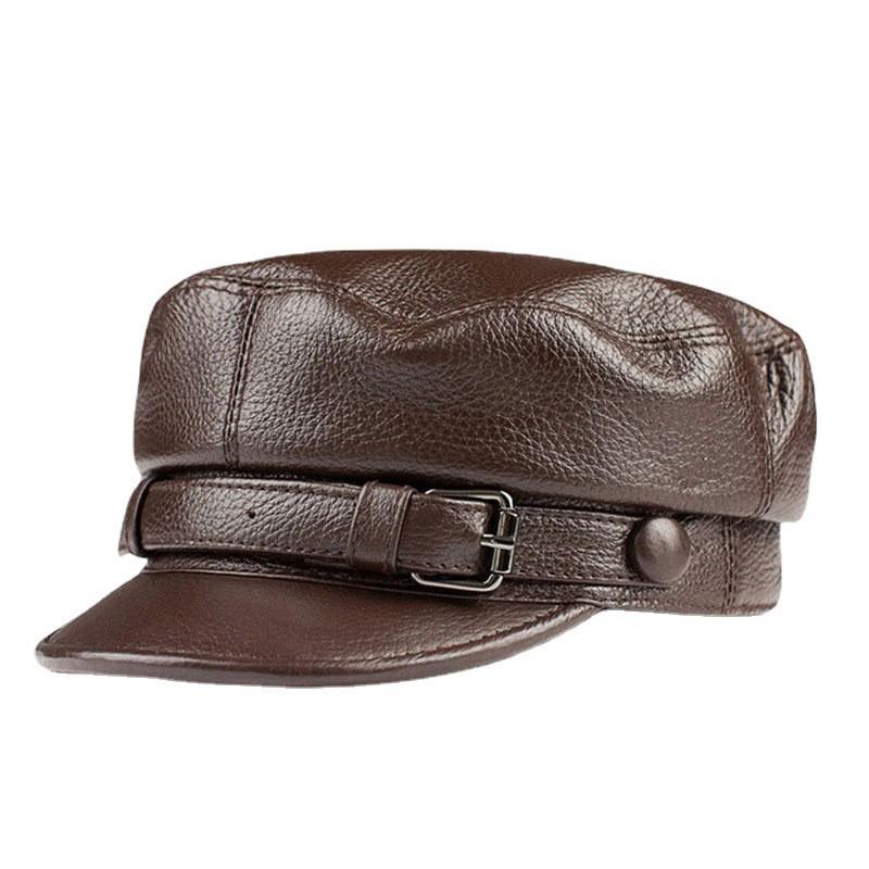Unisex Flat Top Leather Cap Retro Black Cowboy Beret Short Brim Winter Warm Sun Protection