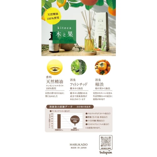 Harukado kitoca Tree and Fruit 190 Reed Diffuser, 190ml, Made with 100% Natural Essential Oils, Geranium & Bergamot