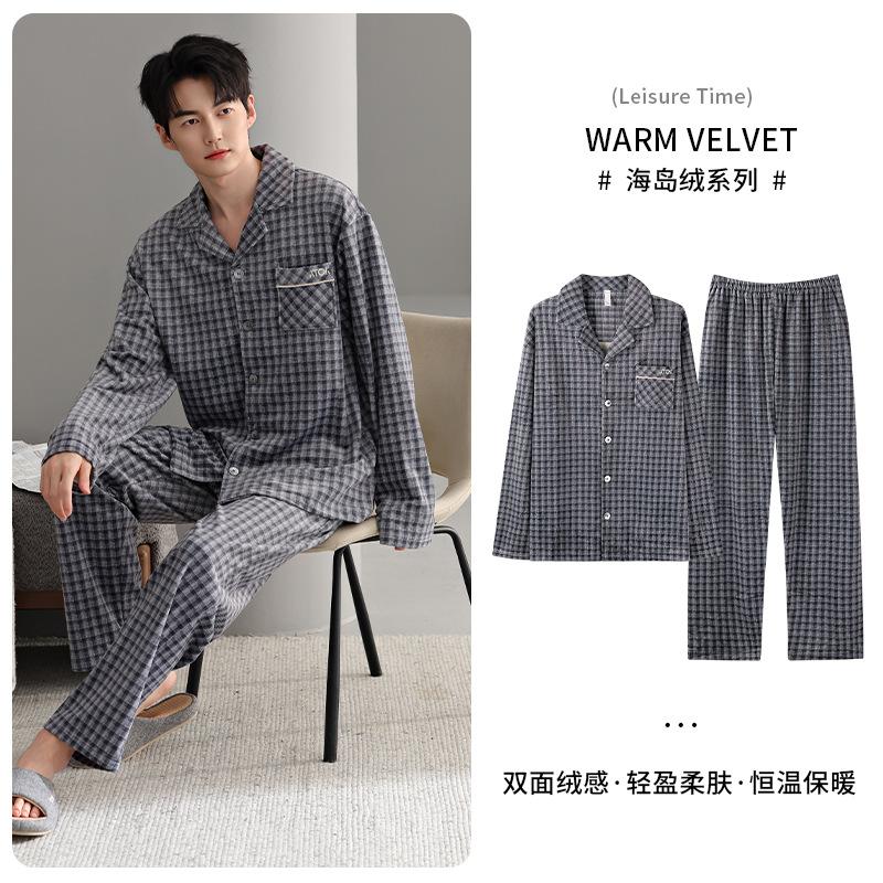 Pajamas Men'S Autumn And Winter Island Fleece Fleece Thin Fleece Long Sleeve Coral Fleece Loungewear Medium Dad Large Size Set