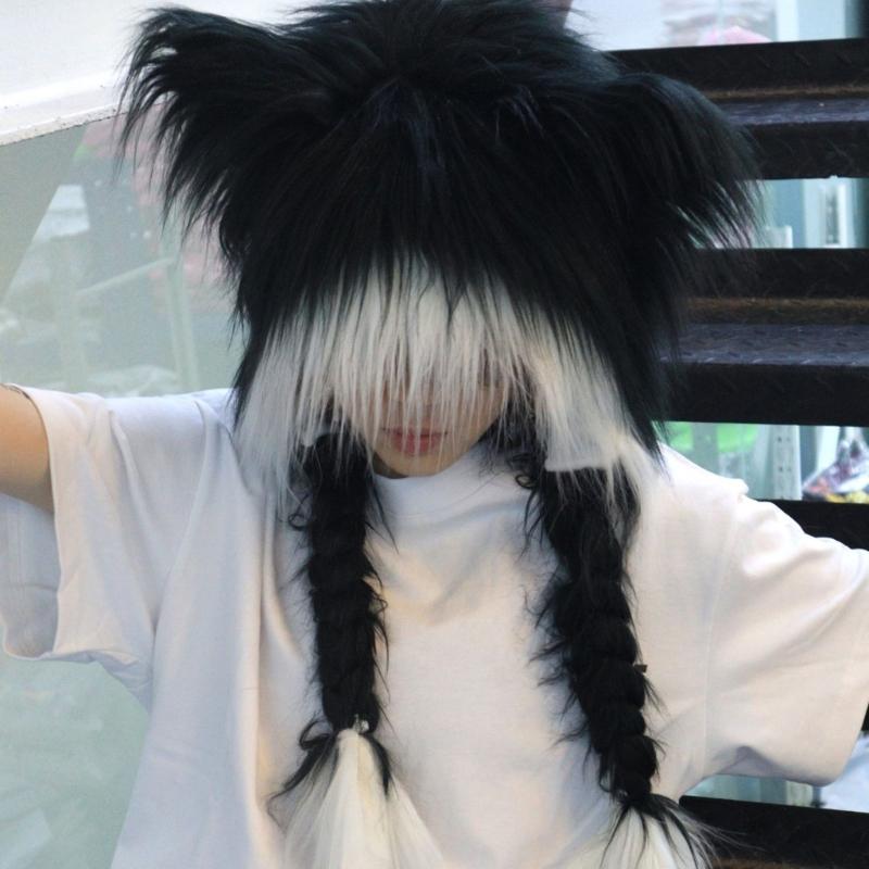 Soft Furry Animal Ear Hat with Braids for for Women and Girls Cartoon Earflap Hat Cosplay Winter Party and Themed Event