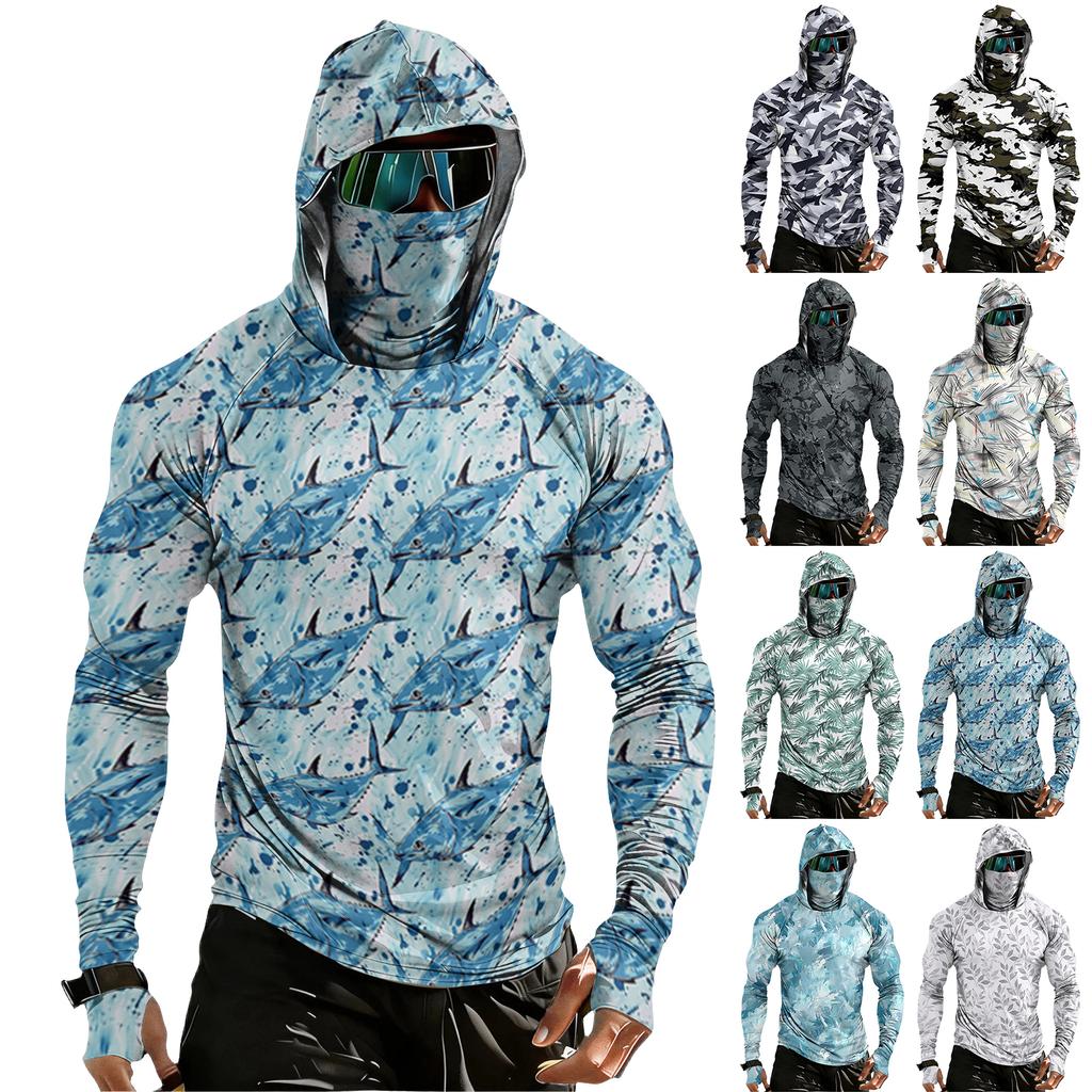 Men’s Long Sleeve Hooded Shirt with Face Cover Leaf Print Lightweight Breathable Quick Dry Athletic Top for Outdoor Sports Fishing Running Hiking