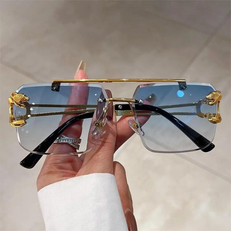 Rimless Square Double Bridge Sunglasses Fashion Stylish For Women Vintage Trend Brand Design Men Shades Eyewear
