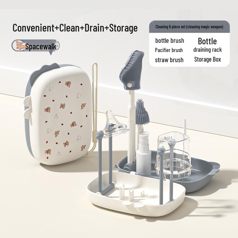 Portable Baby Bottle Brush Set with Storage Box and Drainer for Travel