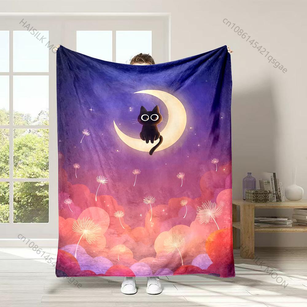 

1PC Black cat on moon Print Adult Children Warm Blankets Home Travel Car Soft and Comfortable Suitable for all seasons 75x100cm
