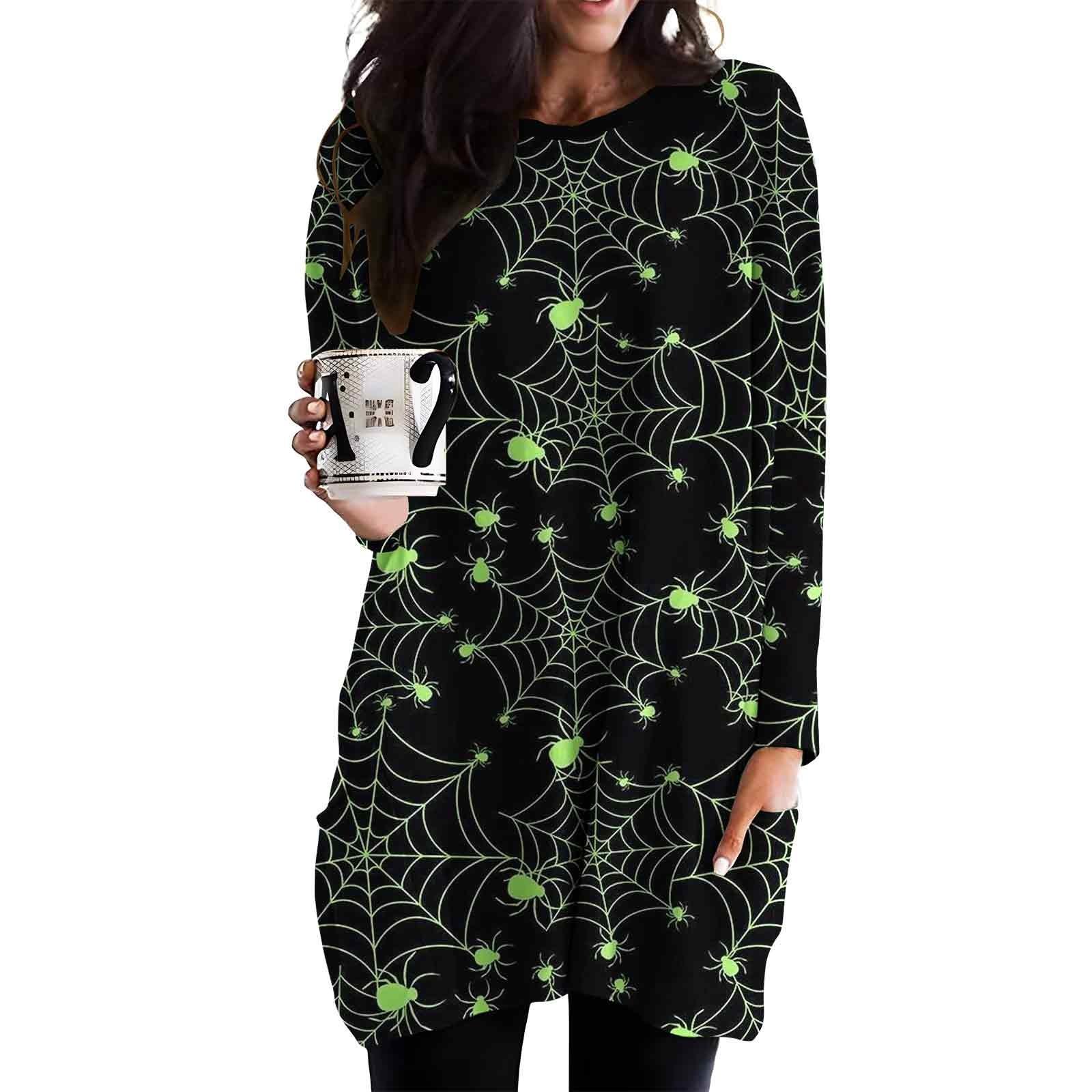 

Женский свободный повседневный топ с длинными рукавами и круглым вырезом на Хэллоуин с принтом и карманами XXL зелёный