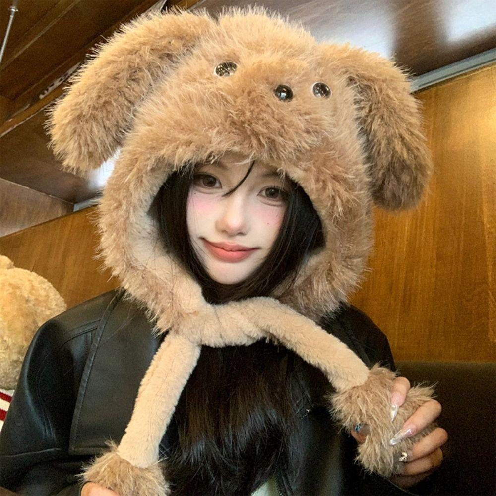 Windproof Movable Puppy Ears Hat Kawaii Warm Cap Fluffy Lei Feng Hat  Apparel Accessories