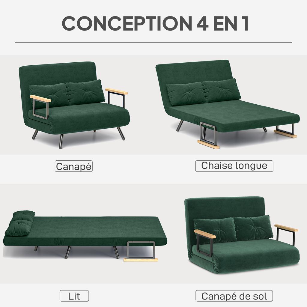 Convertible Sofa, 2-Seater 4-in-1, 5-Position Backrest, 2 Cushions, 102 x 73 x 81 cm, Green