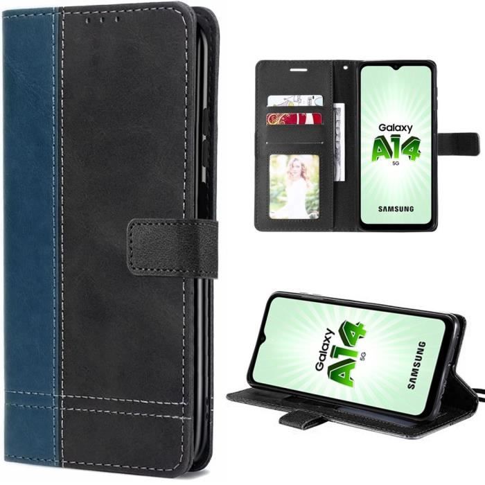 Coque pour samsung galaxy a14 4g/5g souple antichoc cuir pu - noir-bleu marine