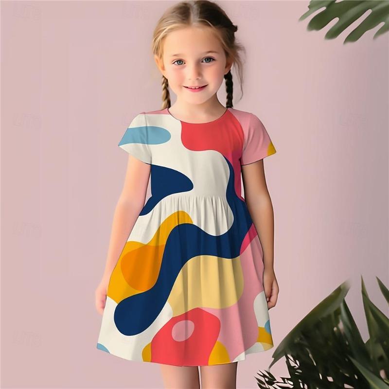 Girls' 3D Geometric Dress Pink Short Sleeve 3D Print Summer Daily Holiday Casual Beautiful Kids 3-12 Years Casual Dress