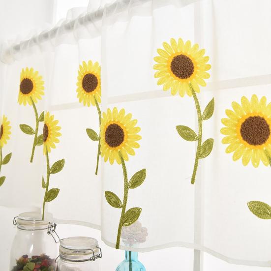 Vorhang Sonnenblume Bestickt Dekorativ Polyester Kurzer Transparenter Vorhang für Zuhause