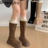 Winter Chunky Platform Heels Women Snow Boots Concise Height Increase Short Plush Shoes Warm Cotton Long Booties  Mujer