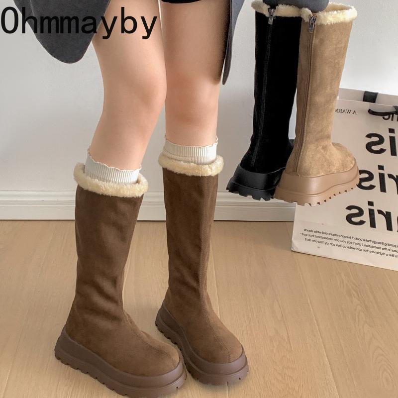 Winter Chunky Platform Heels Women Snow Boots Concise Height Increase Short Plush Shoes Warm Cotton Long Booties  Mujer