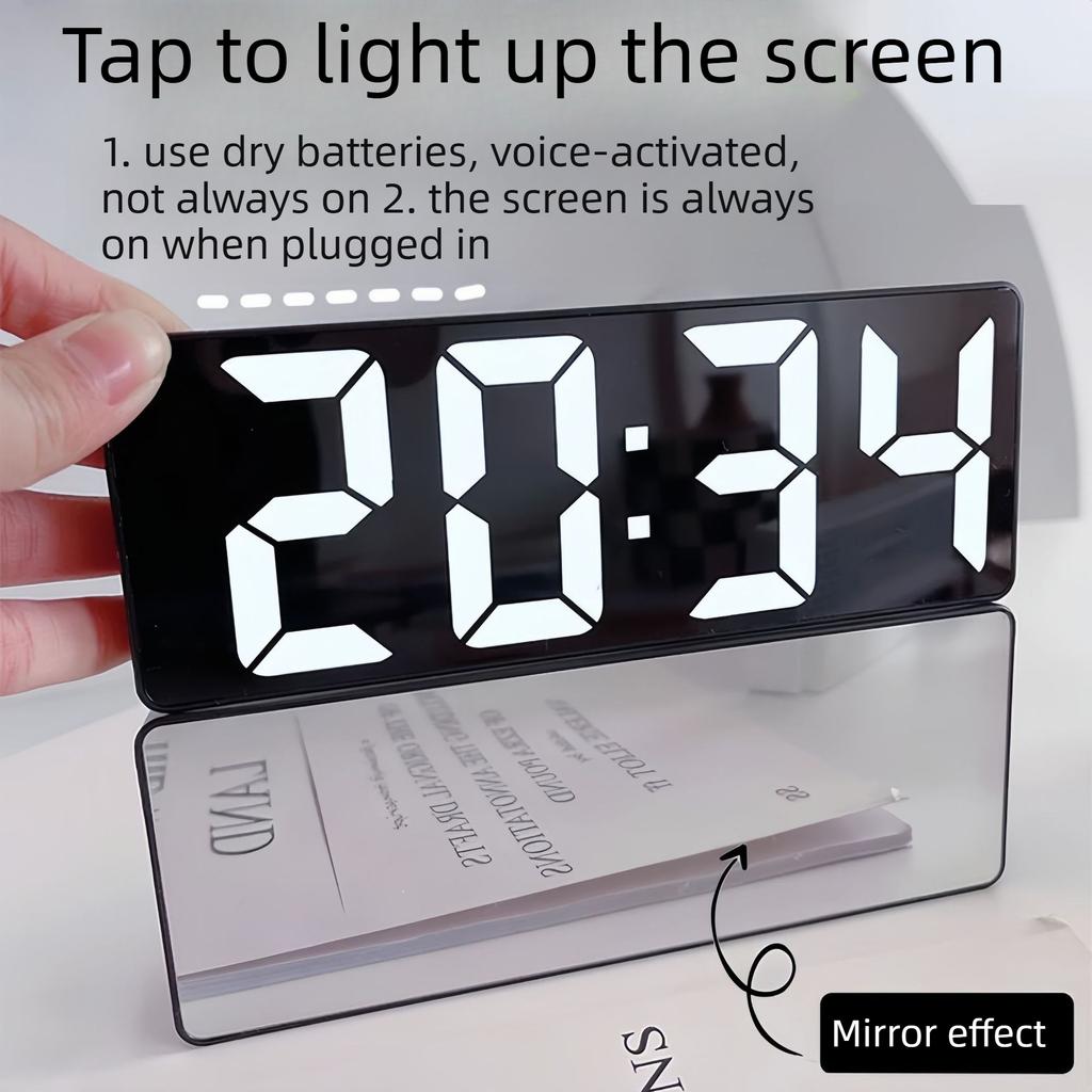 LED Digital Alarm Clock with Mirror Silent Electronic Desktop Clock Luminous Student Bedside Ornament Black White