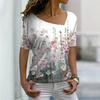 Women's Short Sleeved T-shirt with Slanted Neckline Pattern and Digital 3D Printed Women's T-shirts
