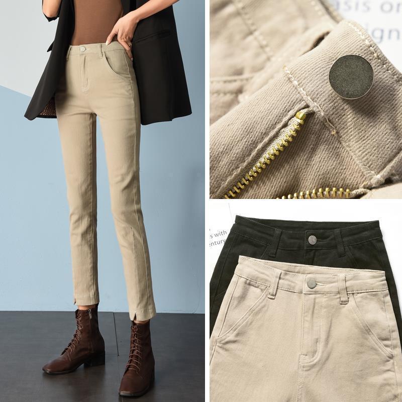 Women's High-Waisted Slim-Fit Khaki Cigarette Pants with Velvet Lining for Autumn and Winter