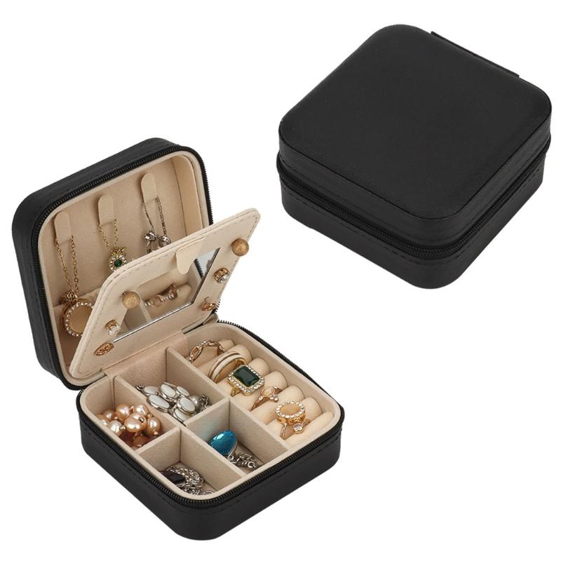 Jewelry Storage Box with Mirror, Compact Travel Case with Ring Rolls, Necklace Hooks and Zip-Around Closure Design
