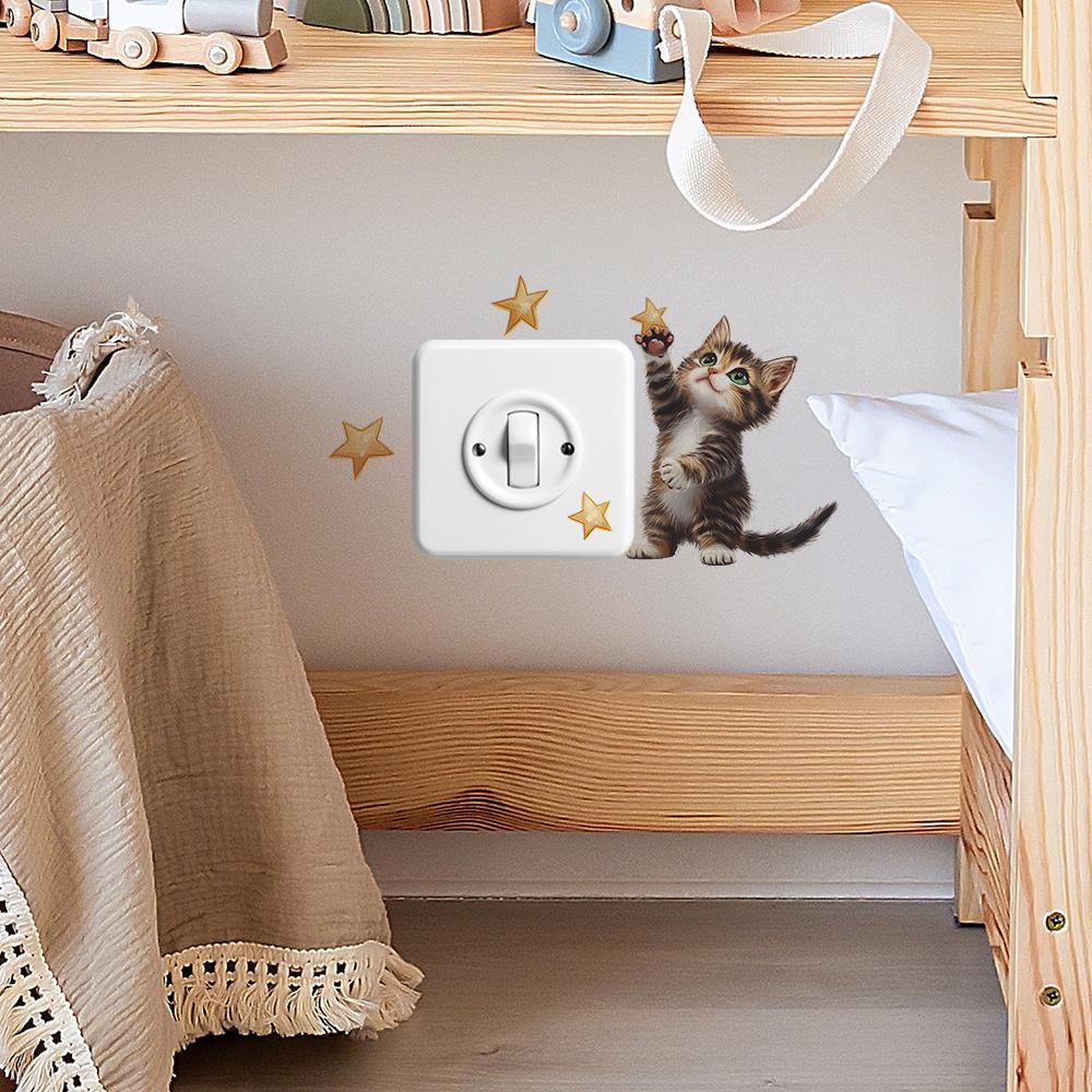 Cartoon Kitten Picking Stars Bedroom Living Room Switch Background Beautification Wall Stickers
