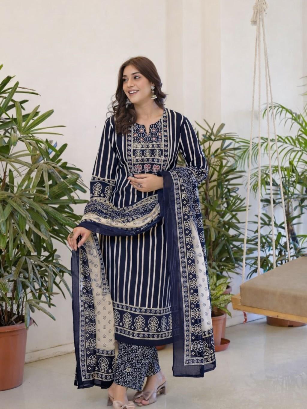 Women s Designer Cotton Kurti Pant Dupatta Set Indian Bollywood Ethnic Kurta Set M-38