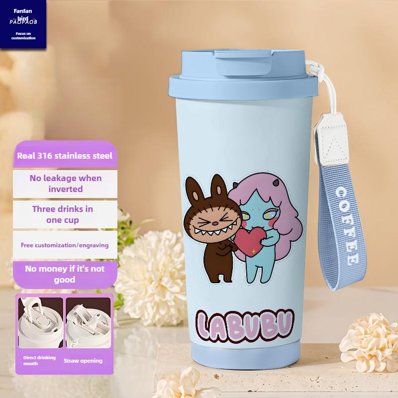 Tecknad Rostfri Stålkopp Högvärdig Termosmugg 3D Dubbel Drickstrå Kaffekopp