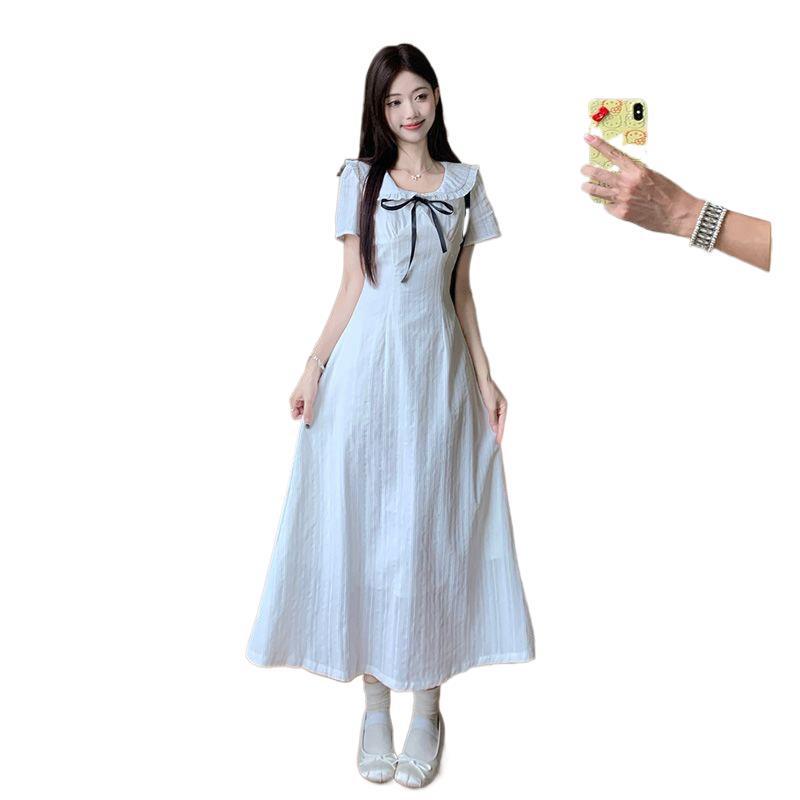 2026 Summer White Princess Dress: Doll Collar Bow Waist Slimming Long Skirt
