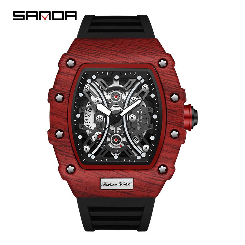Sanda New 7044 Men s Luminous Skeleton Barrel-Shaped Fashion Watch with Calendar
