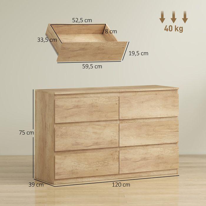 Commode - HOMCOM - 6 tiroirs meuble rangement épuré style moderne chambre salon - bois - 120x39x75cm - chêne