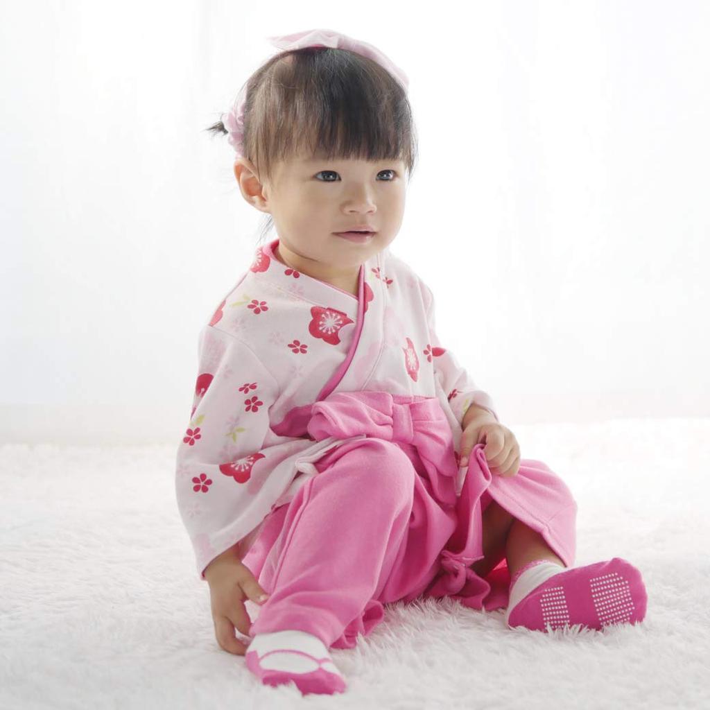 Aenak Plum Blossom Print Girls' Hakama Romper, Baby Hakama for First Meal, Size 70