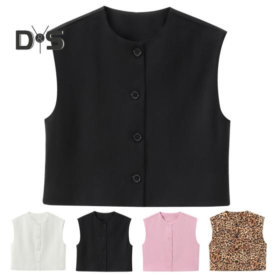Women Vest Single-breasted Sleeveless Round Neck Solid Color Leopard Print Button Commuting Dating Casual Short Type Daily Wear Coat