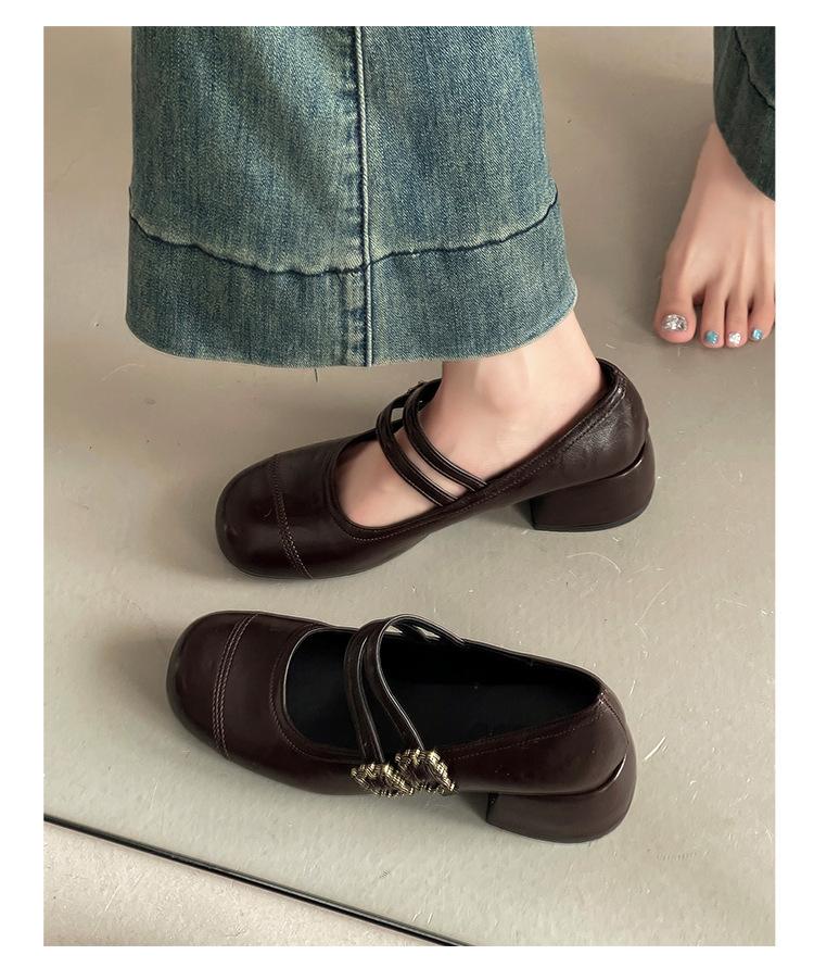 Retro double buckle with thick heel single shoes, women s height is not tired, Mary Jane women s shoes 35