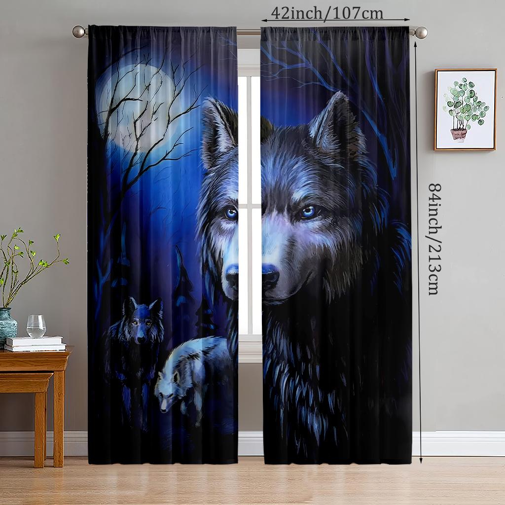 2pcs- Round Moon Grey Wolf Polyester curtains, bathroom, bedroom, living room, and home room decorative curtains