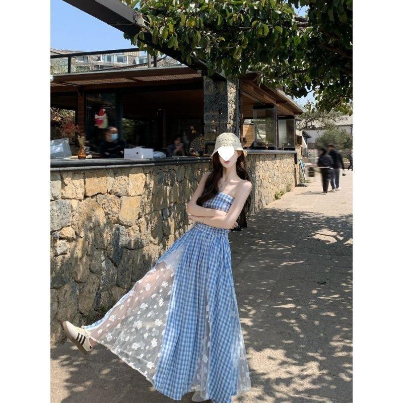 Design Sense Heavy Industry Lace Splicing Plaid Suspender Dress Summer New Skinny Long Dress Female Tide