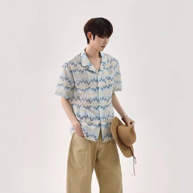 

Men s Blue Wave Print Cuban Collar Short Sleeve Shirt M синій