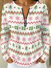 Women's half-zipper long-sleeved T-shirt Christmas style red and green pattern print casual daily commute