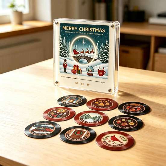 Programmable Music Box Vinyl Record Player Fridge Magnet for Christmas, with 9 Records, Decorative 256MB Memory, LED Light-Up Personalized NFC