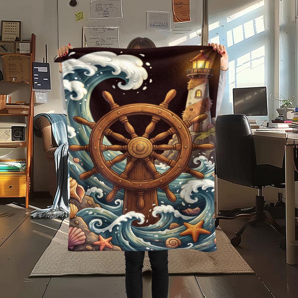 

1PC Ships and seashells Print FlAannel Blanket, High quality Comfortable for All Seasons, Home Decor, Warmth and Comfort 80cm x 120cm