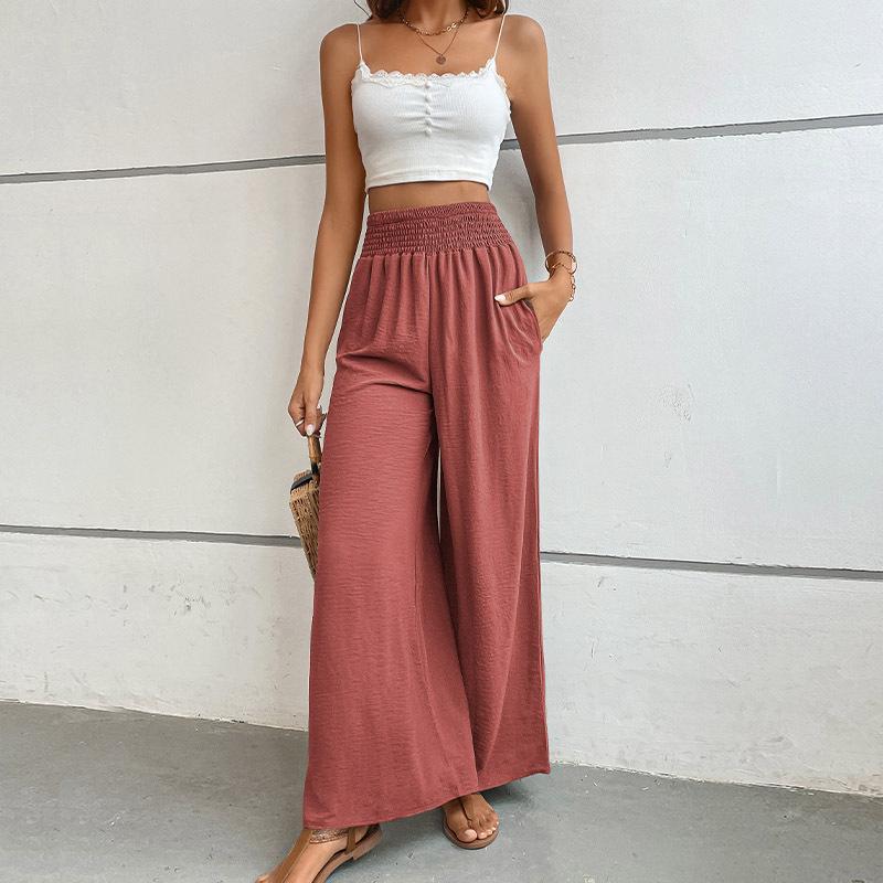 Summer High-waisted, Casual, Simple Solid-color Loose-fitting Wide-leg Pants with Elastic Waists