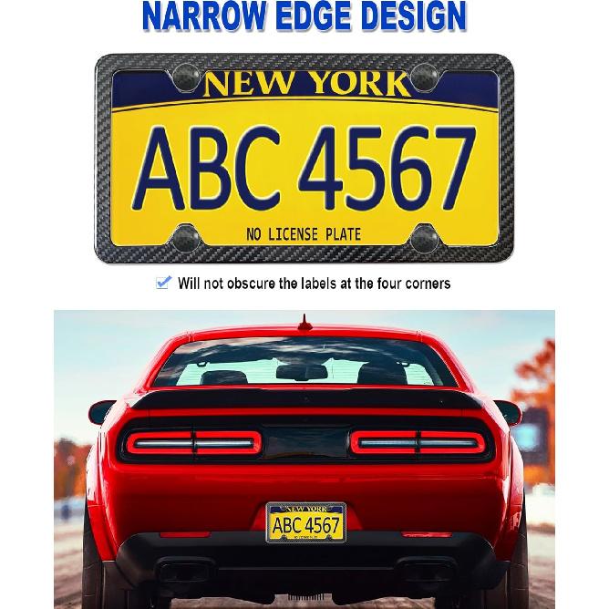 Carbon Fiber License Plate Frame- Stainless Steel Car Tag Holder Wrapped with Real Carbon Fiber, 4 Hole Slim Design, Anti-Theft Screws Caps,