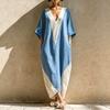European and American summer new women's clothing medium-sleeved V-neck contrasting color loose women's long dress