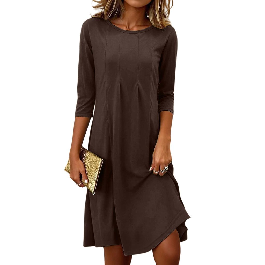 Women's Fashionable And Elegant Pleated Round Neck Three,quarter Sleeve Dress