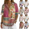 Women's Vintage Floral Print Polo Shirt Button Down Short Sleeve Loose Fit Casual Top with Cotton Linen Fabric