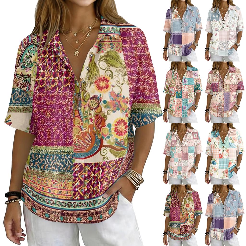 Damen Vintage Blumenmuster Polohemd Knopfleiste Kurzarm Lockerer Schnitt Lässiges Oberteil aus Baumwoll-Leinen-Stoff