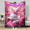 Personalized Custom Name Text Sleeping Rabbit & Rose Flannel Blanket, Soft Warm Digital Print Throw Blanket for Sofa Bed Travel