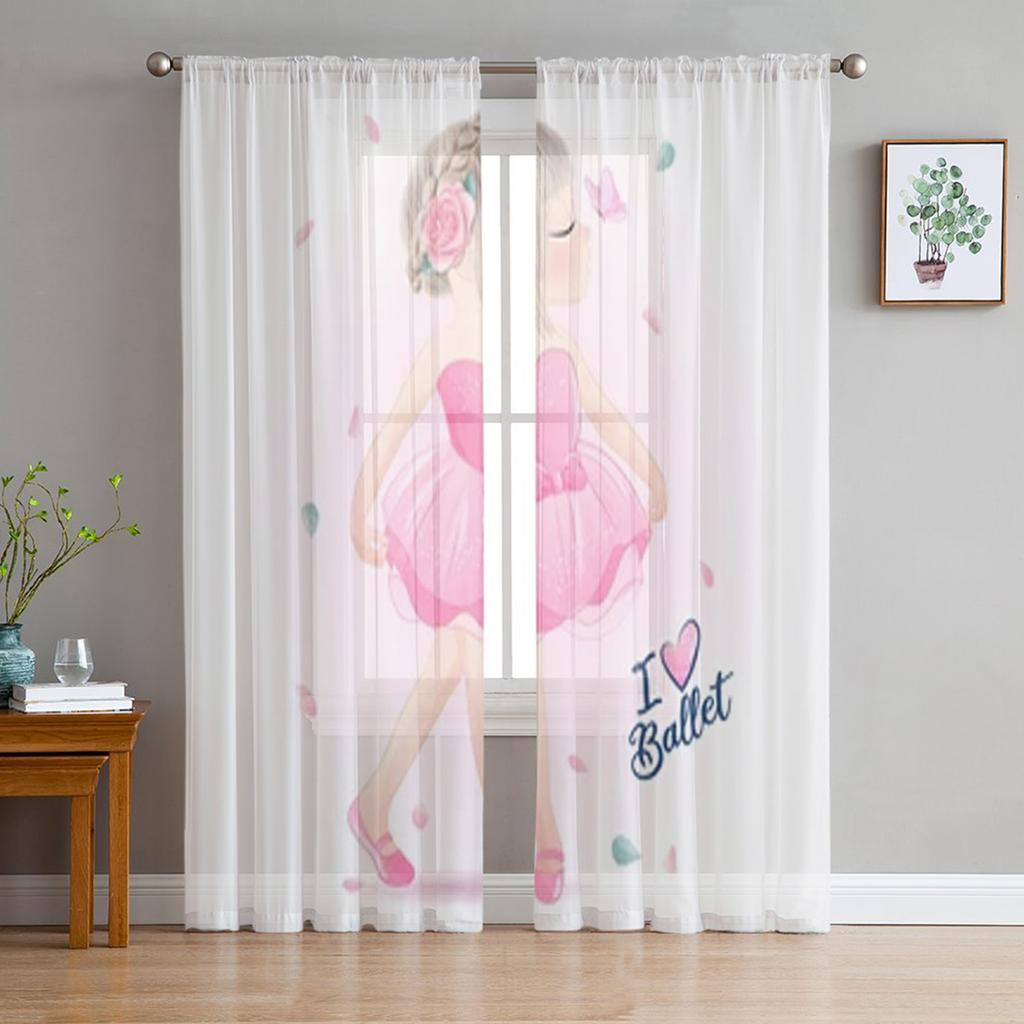 Ballet Dancer Girl Pink Flower Sheer Drapes Window Curtains for Living Room Bedroom Home Decor Cherry Blossoms Chiffon Curtain