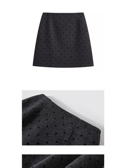 Gray Polka Dot High-Waist Wool A-line Mini Skirt for Women, Slightly Plus-Size MM, Spring/Autumn Style, Thickened Bodycon.