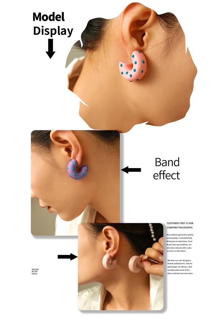 Eco-Friendly Resin Polka Dot C-Shaped Earrings - Trendy Pastoral Style with Stainless Steel, European & American Jewelry.