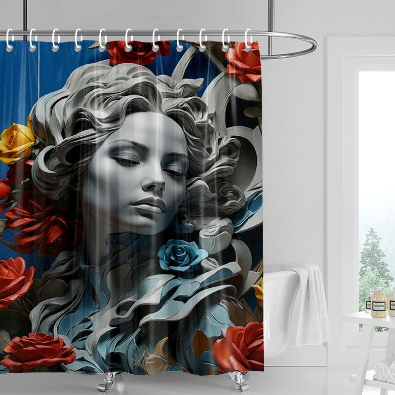 Marble Textured Shower Curtain-Classic Bust Sculpture with Crack Stone Effect, Waterproof Art Bathroom Decoration