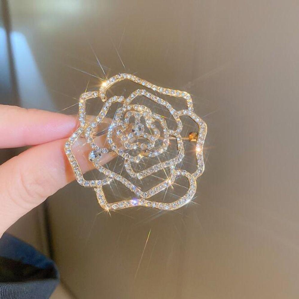 Badge Hollow Camellia Brooch Korean Style Rhinestone Brooch Temperament Suit Collar Pin  Decoration